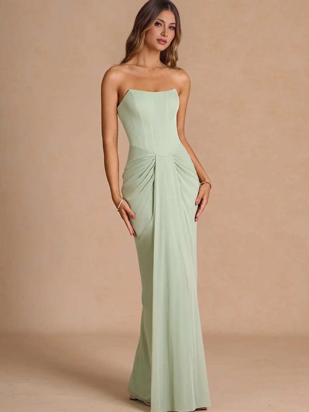 Azazie Strapless Sage Green Column Gown